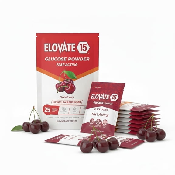 Elovate 15 Fast Acting Glucose Powder Packets, 15g Black Cherry 25 count- Quick Dissolving, Oral Dextrose Powder for Kids & Adults, Easy-to-Carry Pocket Sized Slimpacks