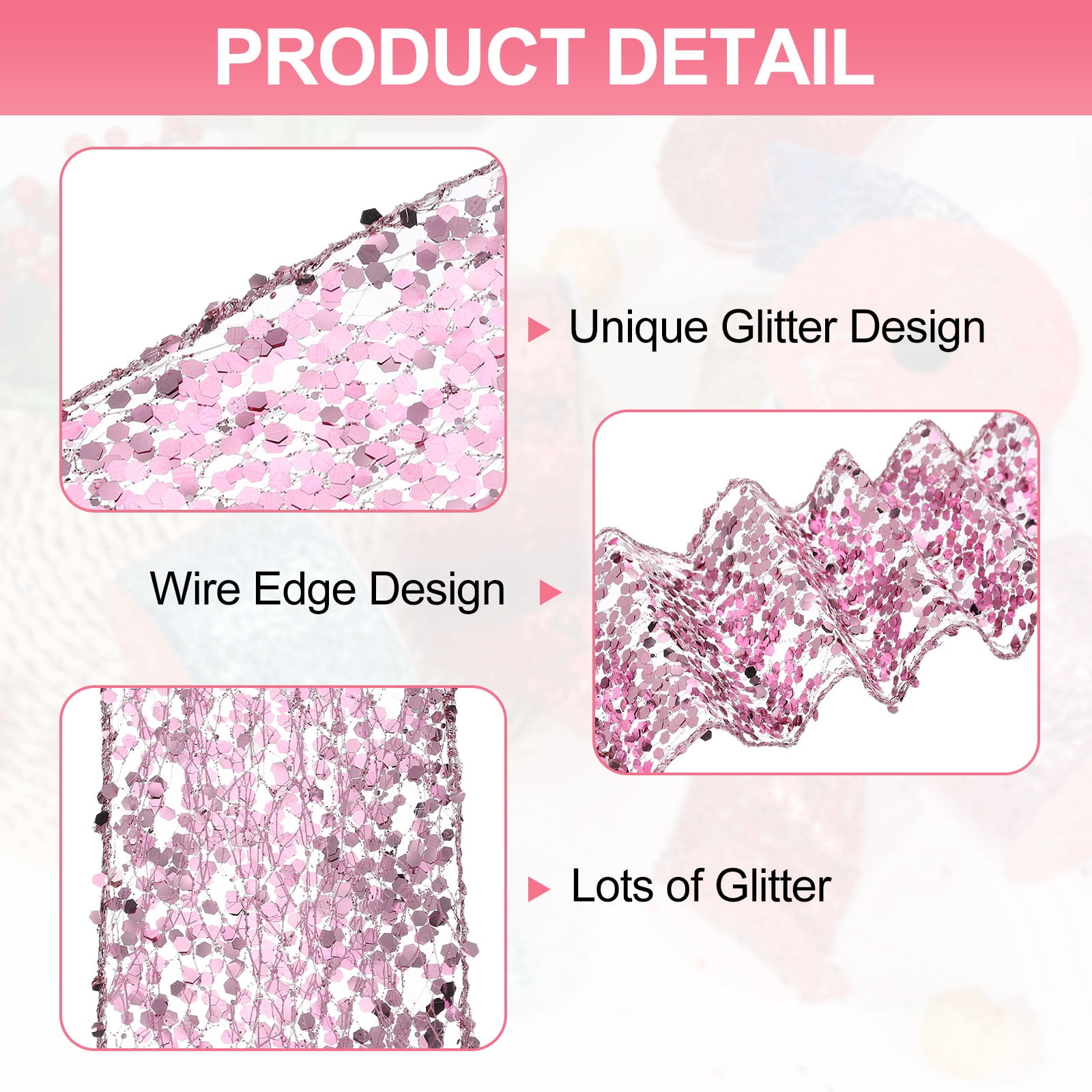 Uxcell Glitter Mesh Wired Ribbon for Bows Making Wedding Decor Gifts Crafts Pink