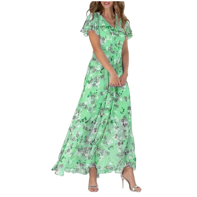 2025 Robes de Boîte de Nuit et de Sortie pour Femmes, Robes Femmes, Robes pour Femmes Robe Chemise Longue Évasée Chiffon Floral Courte Robe en Lin pour Femmes Été Manche Volant Col en V Robe en Denim Taille Fluide