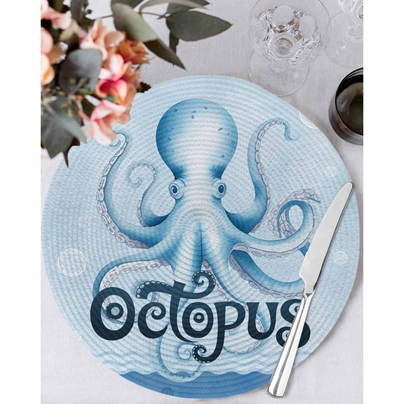 15 Inch Round Placemats Set of 6, Navy Blue Octopus Non Slip Heat Insulation PP Table Mats, Coastal Bubbles Ocean Waves Washable Place Mats for Kitchen Dining Party Table Decor