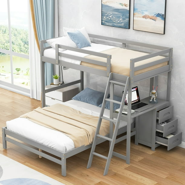DreamBuck Bunk Bed Twin over Full with Builtin Desk and 3 Drawers, Solid Wood Bunk Bed with