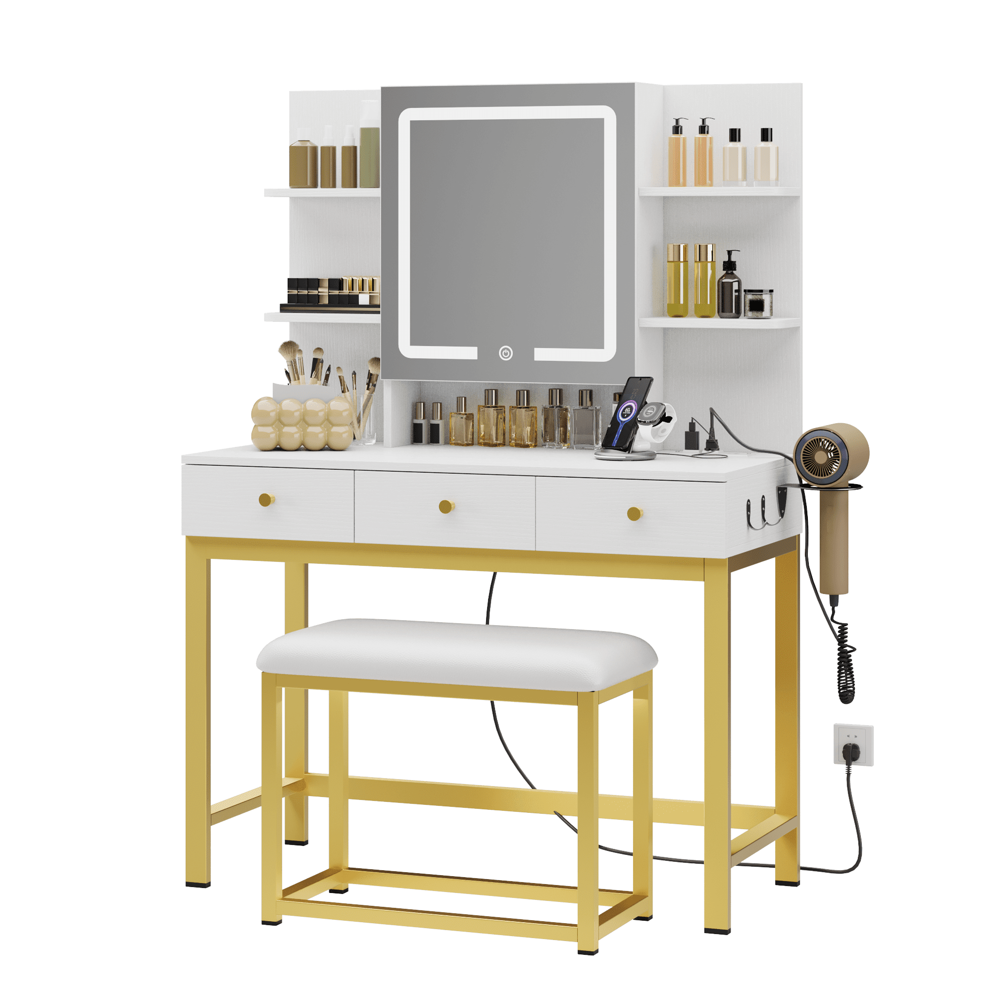 Uforic White Makeup Vanity Desk Set with LED Mirror & Lights, 3 Drawers Storage, Power Outlet, Stool - Modern Bedroom Furniture