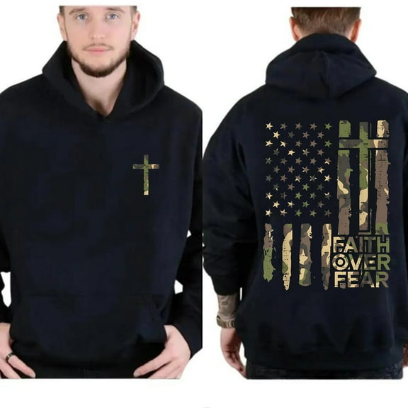 Faith Over Fear Camo Flag Double-Sided Christian Hoodie, Patriotic Faith Hoodie, USA Camo Cross, Christian Gift for Men & Women, Religious Streetwear