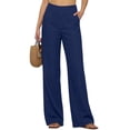 thumbnail image 7 of Summer Linen Palazzo Pants for Women Elastic Waist Flowy Wide Leg Beach Vacation Trousers Blue L, 7 of 7