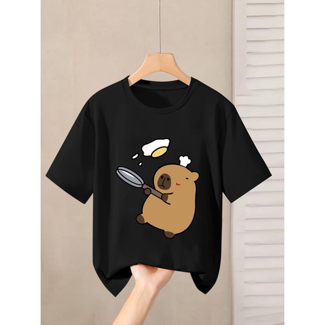A Summer Casual Round-Neck T-Shirt Featuring a Chef Capybara Print, Made from Knitted Cotton Fabric with Slight Stretch, Suitable As a Gift.