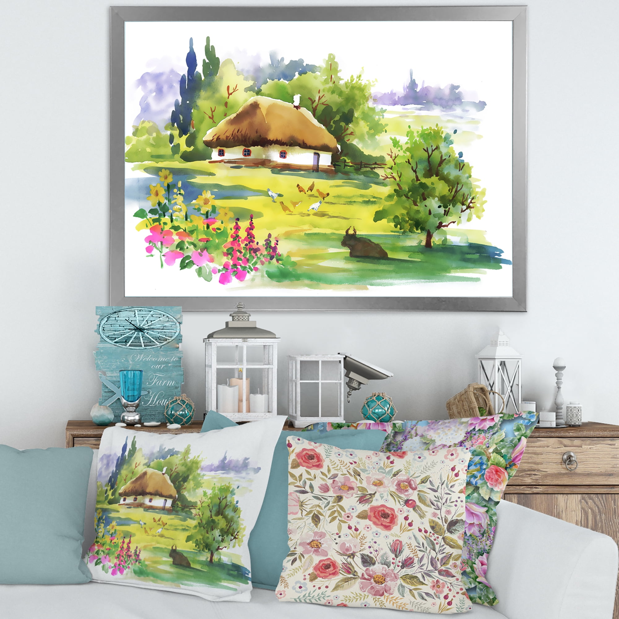 Designart 'Blossoming Greenlands And A Rural House' Traditional Framed Art Print