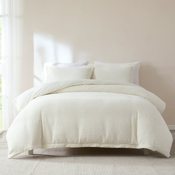 Lush Decor Lotti Boucle Duvet Cover 3 Piece Set King Soft White - White Duvet Cover- Textured Cozy Bedding Set - Modern Minimalist Decor