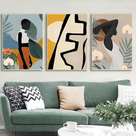 FCCUYE Abstract African American Wall Art Canvas Painting Black Woman and Green Plant Wall Art Pictures Set of 3 Nordic Posters and Prints Pictures Wall for Living Room Decoration Und
