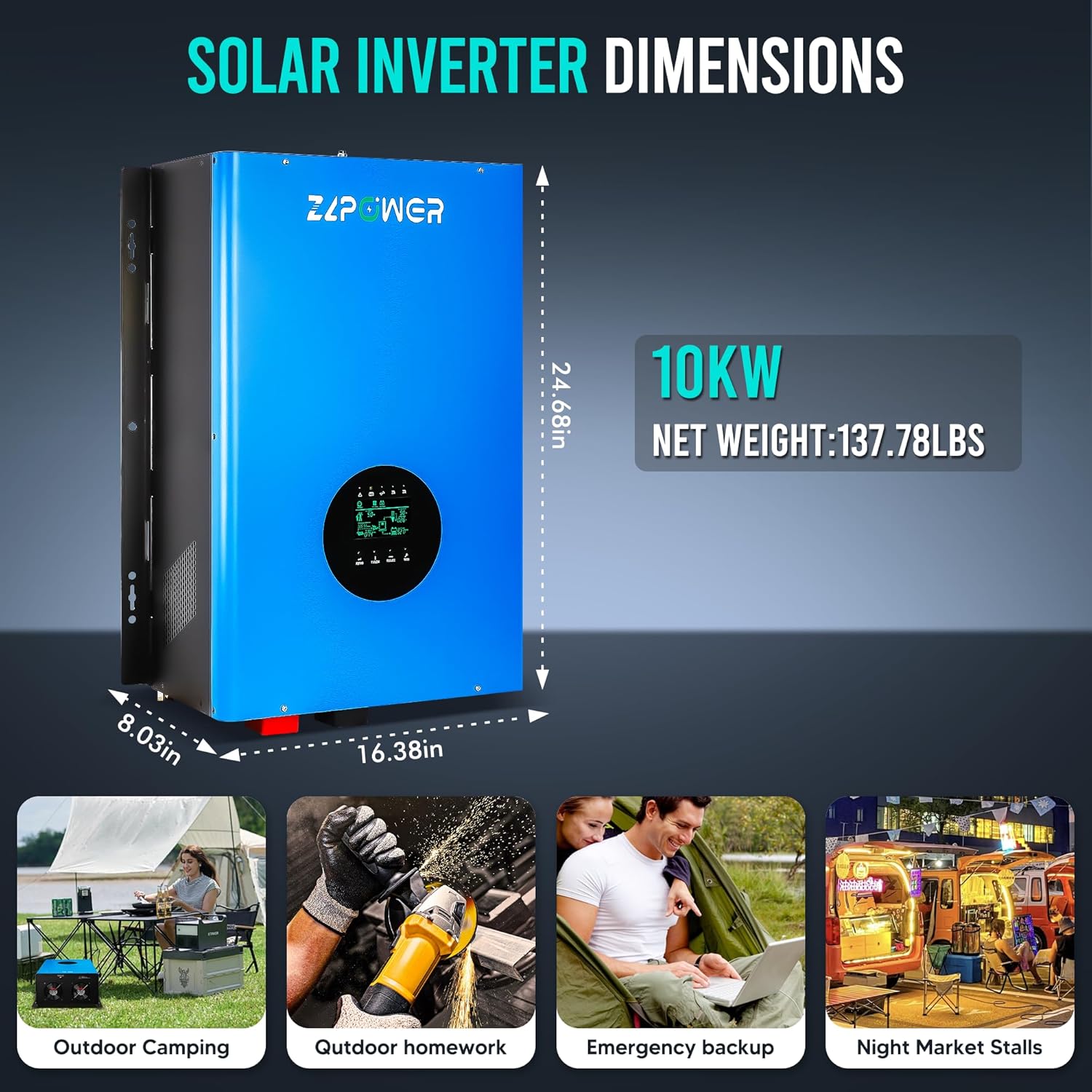 10KW Solar Hybrid Inverter Off Grid 110/220Vac Low Frequency DC 48V AC Input 240V AC Output 120V/240V Split Phase Pure Sine Wave Power Converter with 2x80A MPPT Charger Controller 10000W