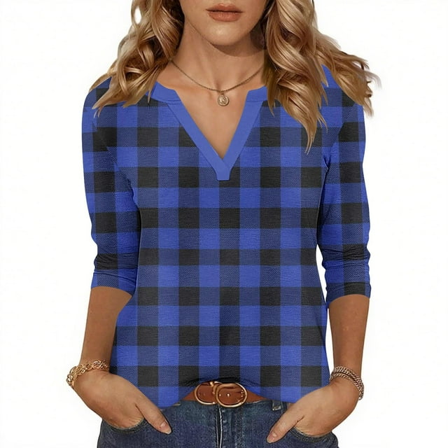 Soki Womens Basic Casual V Neck Plaid Print 3/4 Sleeve Work Tops Blouses Shirts