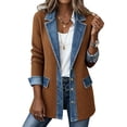 thumbnail image 2 of Women Long Ribbed Knit Cardigan Jacket, Denim Lapel Patchwork Open Front Mid Length Coat, Casual Long Sleeve Fahsion Look Outerwear,Khaki,L, 2 of 5