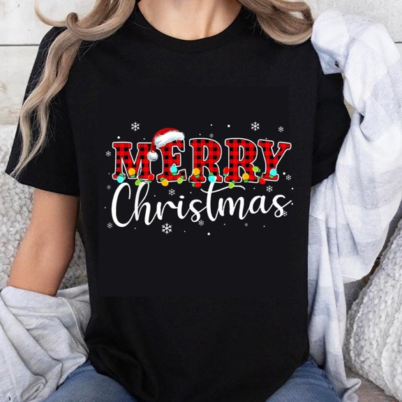 100% Cotton Merry Christmas T-Shirt Women Holiday Xmas Sweater Cute Festive Christmas Top Black Santa Hat Design