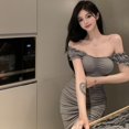 thumbnail image 2 of Solid Color Puff Sleeve Slash Neck Slim Summer for Women Sexy Bandage Drawstring Vestidos, 2 of 6