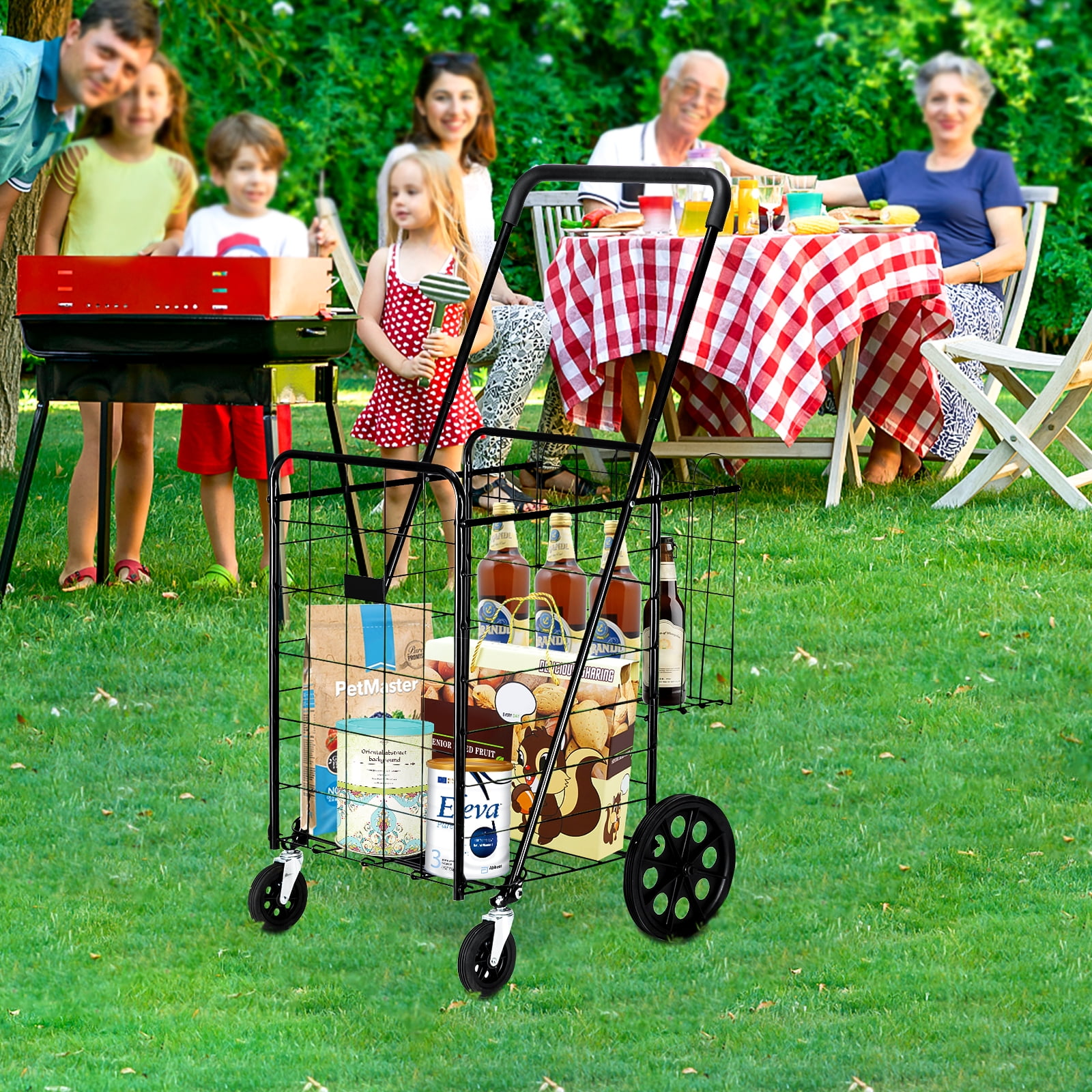 Private Jungle Grocery Practical Shopping Trolley, Luxury Folding Trolley with Double Baskets and 360° Rolling Wheels, Practical Trolley, Black Private Jungle Grocery Practical Shopping Trolley, Luxury Folding Trolley with Double Baskets and 360° Rolling Wheels, Practical Trolley, Black