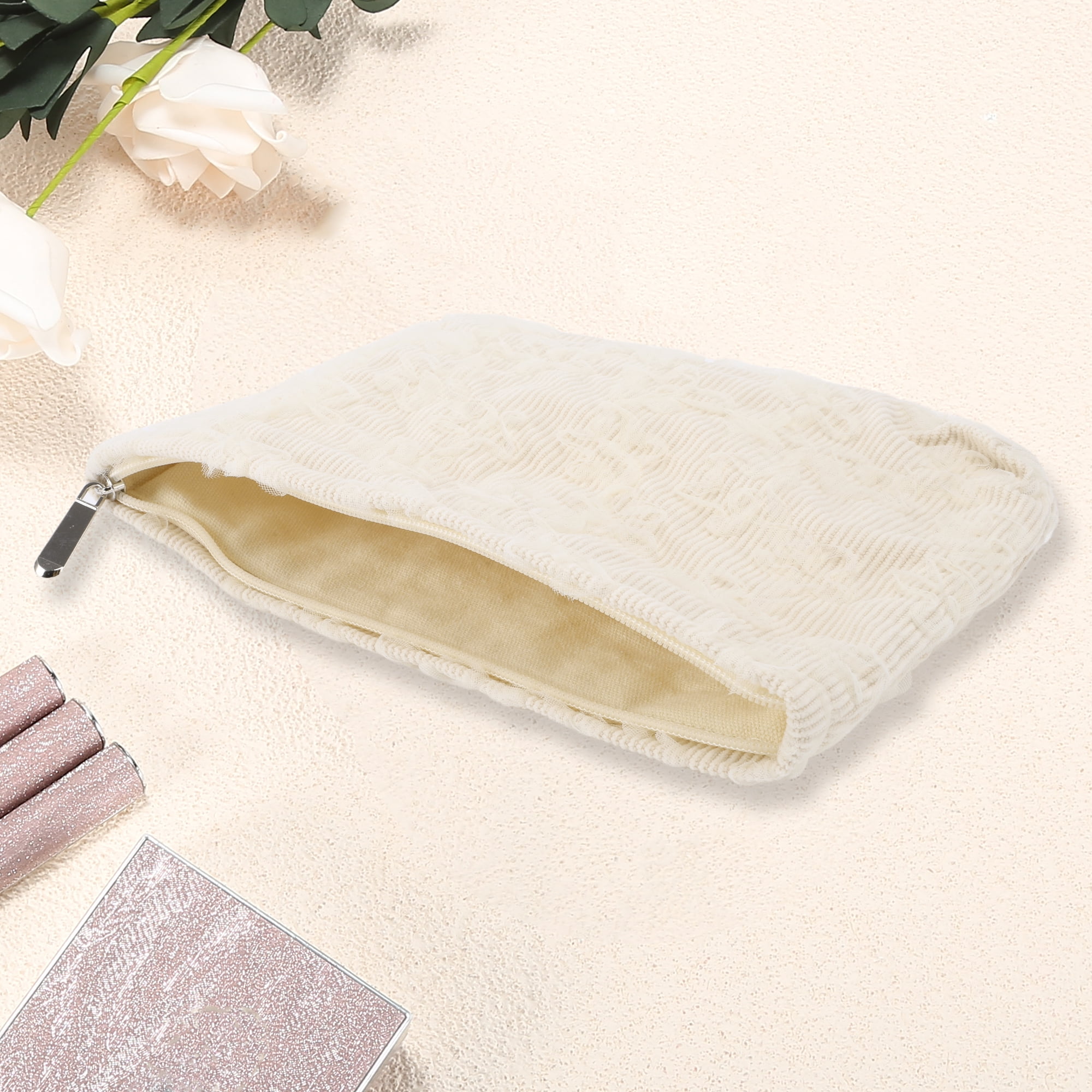 Unique Bargains 1Pc Women Portable Lace Embroidery Storage Makeup Bag for Toiletry White