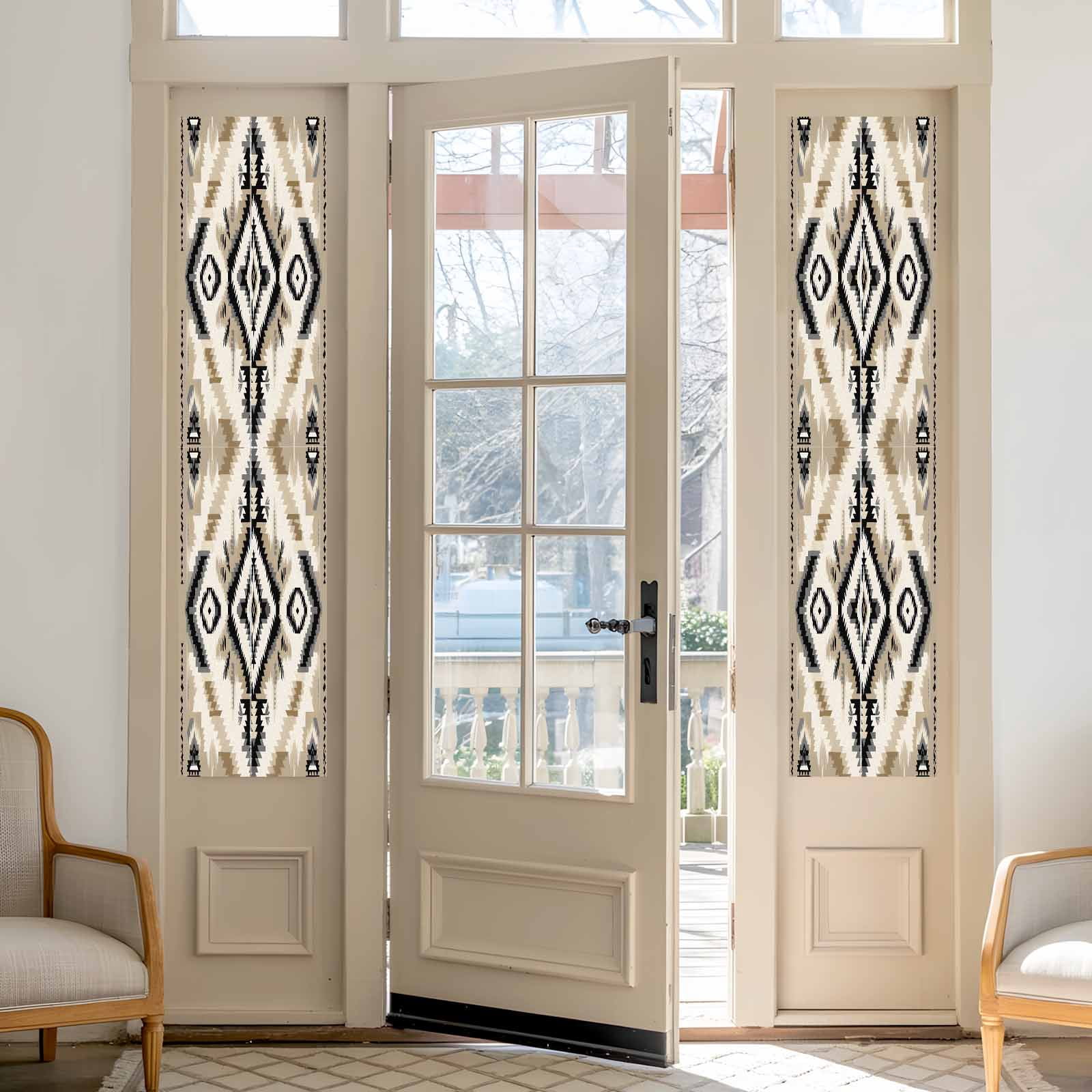 Boho Black Brown Window Privacy Film, Southwestern Geometric Ethnic Retro Static Cling UV Sun Blocking Heat Control Window Tint Day and Night, Non-Adhesive One Way Windows Privacy Cover 17.7''x78.7''