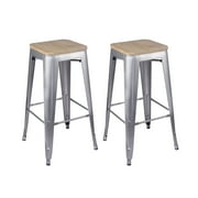 GIA Design Group 30 Inch Bar Height Counter Height Backless Metal Stools with Light Wood Seat, Silver, Set of 2