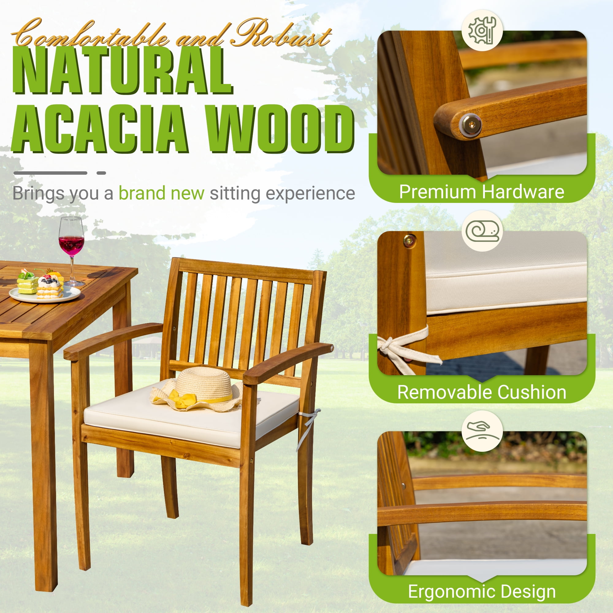 Homall Outdoor Furniture 5 Sets Patio Acacia Wood Table and Chairs with Cushions,Burlywood
