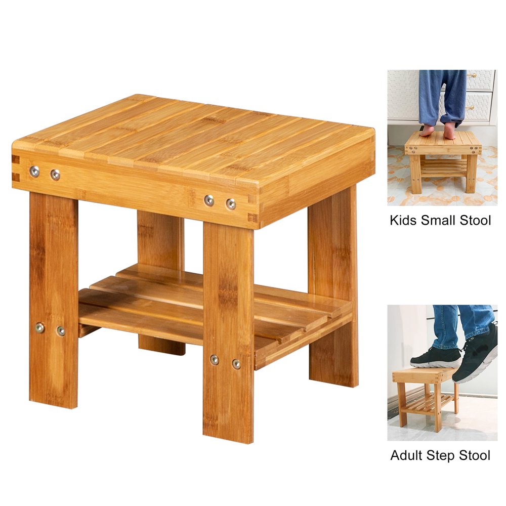 Bamboo Shower Stool, Kids Step Stool Shower Bench with Shelf, Wood