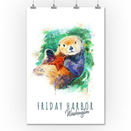 Watercolor Harbor - Friday Harbor, Washington - Sea Otter - Watercolor - Lantern Press Artwork (36x54 Giclee Gallery Print, Wall Decor Travel Poster)