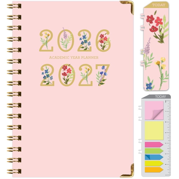 2026-2027 Excello Brands 5.5" x 8" Academic Year Large Print Planner, Weekly/Monthly, 15 Month, Pink Gold Numbers