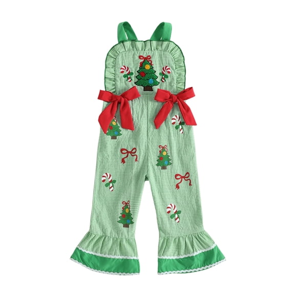 Cjfdfy Toddler Baby Girl Christmas Overalls Outfit Christmas Tree Bow Plaid Embroidered Ruffle Flare Pants Jumpsuit Little Baby Cute My 1St Christmas Clothes 1-6Y