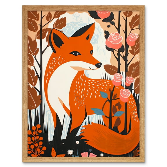 The Fox and Rose Bush Pastel Colour Autumn Forest Landscape Flowers Art Print Framed Poster Wall Decor 12x16 inch
