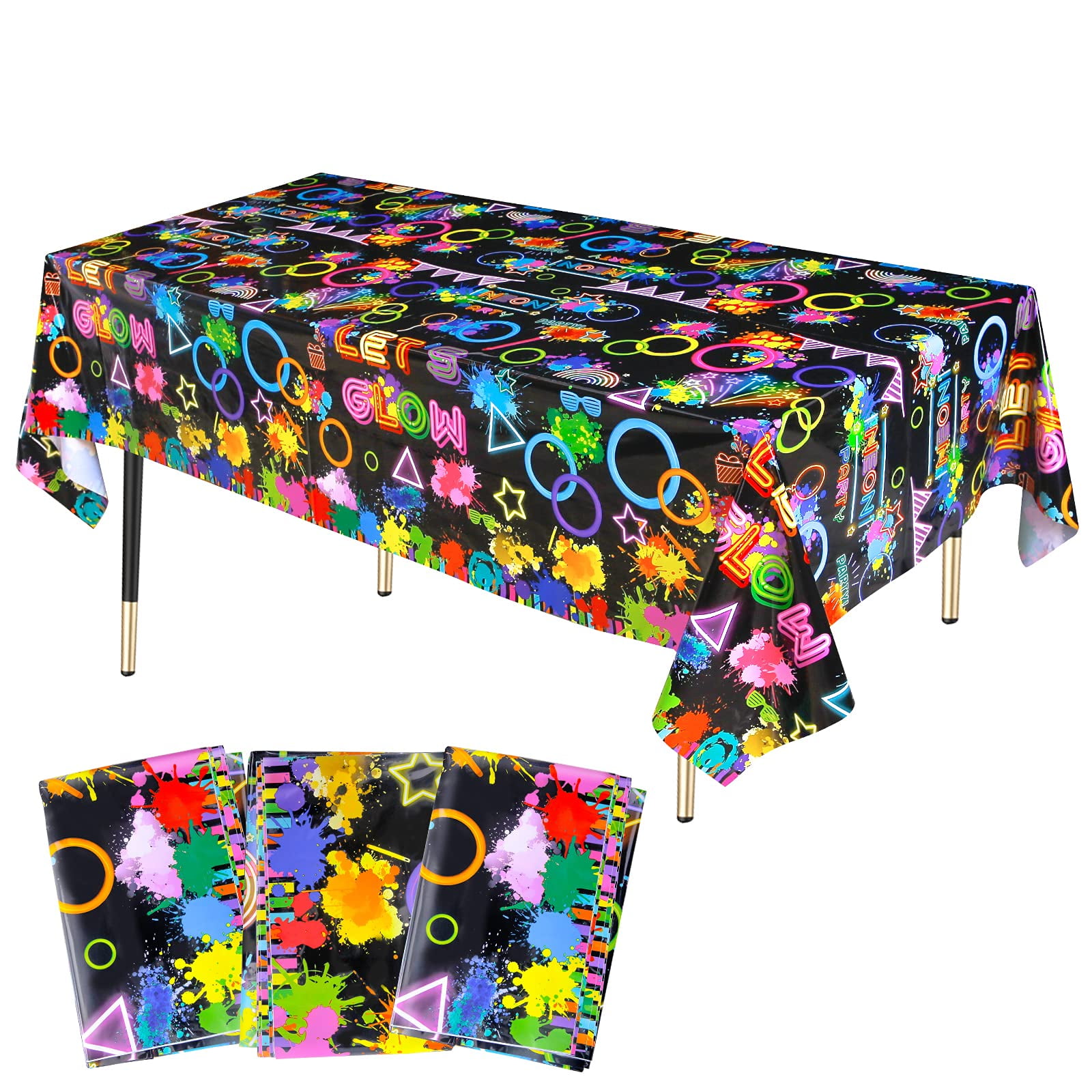 Lcoor 3 Pieces Glow Party Tablecloth,Neon Party Tablecloths Disposable