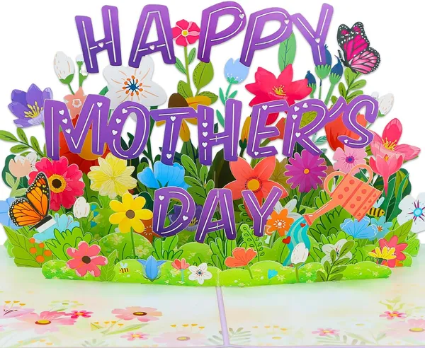 3D Pop-Up Mother’s Day Card, Handmade Red Carnations & Daisies Greeting Card with Pearlescent Envelope & Blank Insert