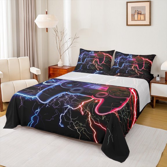 Erosebridal Teens Gamepad Bed Sheets Set Twin Size, Futuristic Lightning Bed Sheets Twin, Blue Red Twin Sheet Sets, Ultra Soft Room Decoration, 3pcs