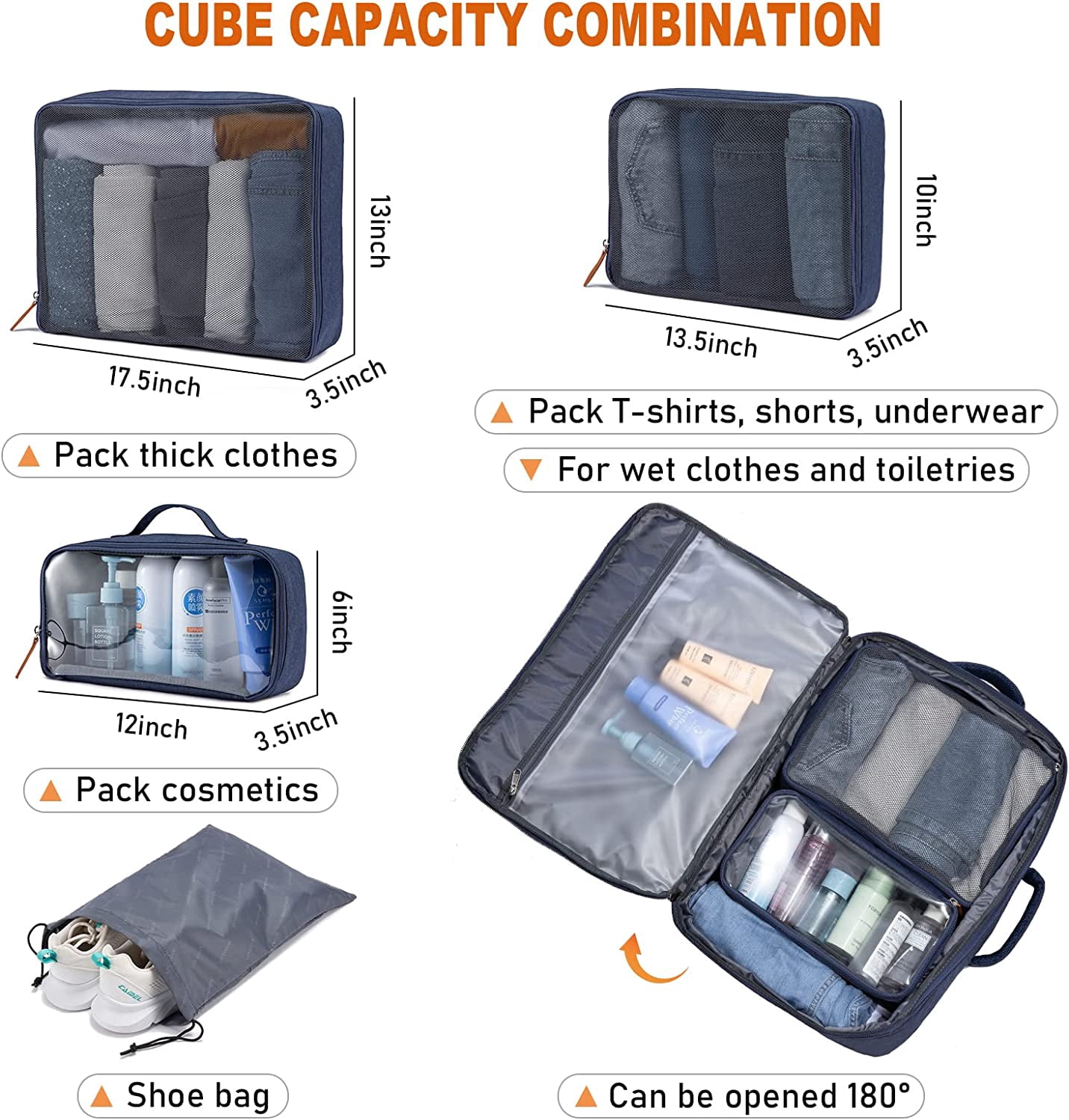 LOVEVOOK College School Backpack, 40L Expandable Carry On Luggage Backpack Flight Approved, Large Waterproof Hiking Outdoor Overnighter Bag for Men Women (Dark Blue)