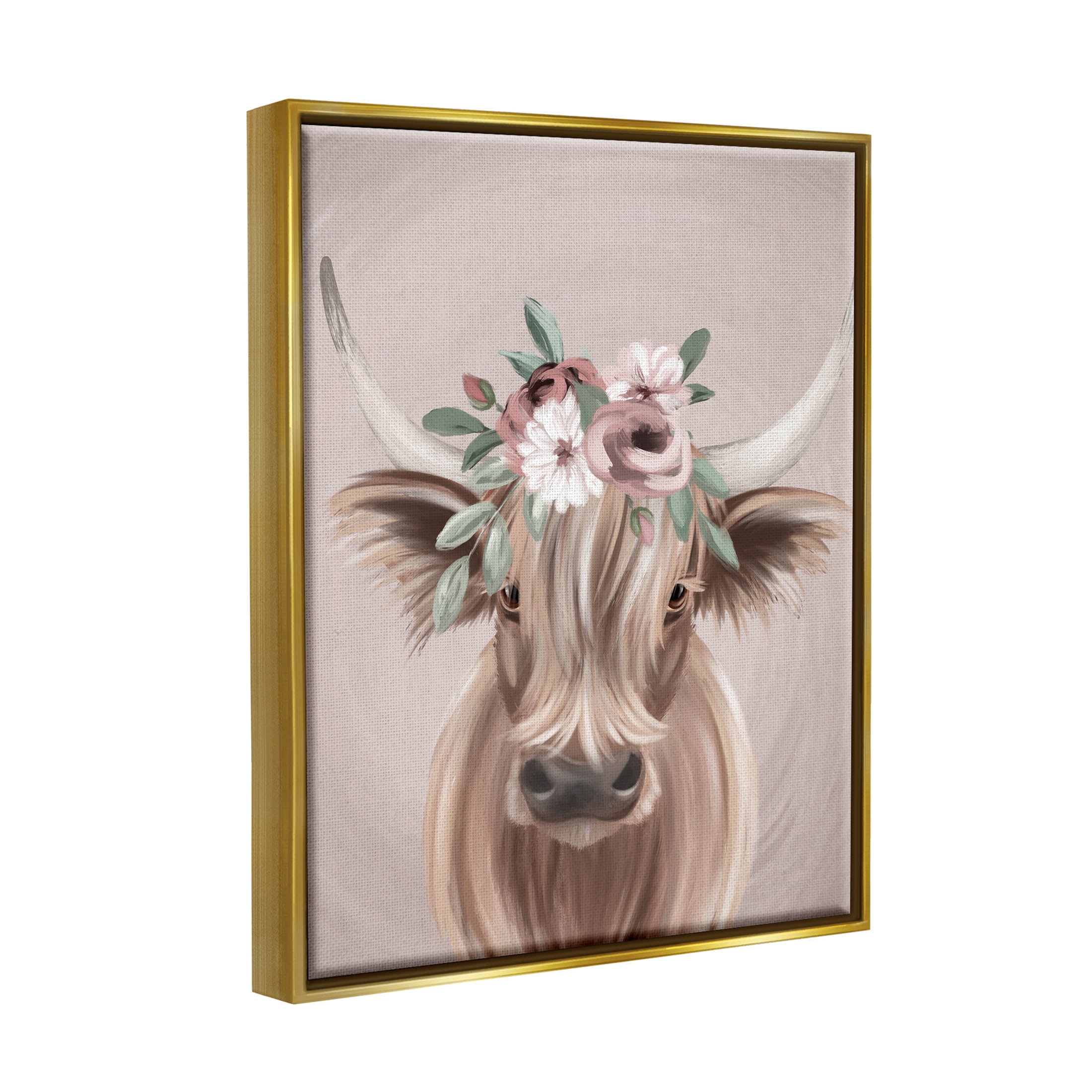 Highland Cattle Pink Flower Crown Animals & Insects Graphic Art Metallic Gold Framed Art Print Wall Art