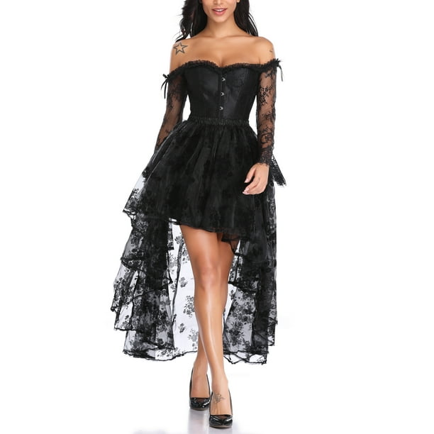 Women S Sexy Black Vintage Gothic Corset Dresses Off Shoulder Boat Neck Floral Lace Sleeves Corset Top With High Low Skirt Walmart Com