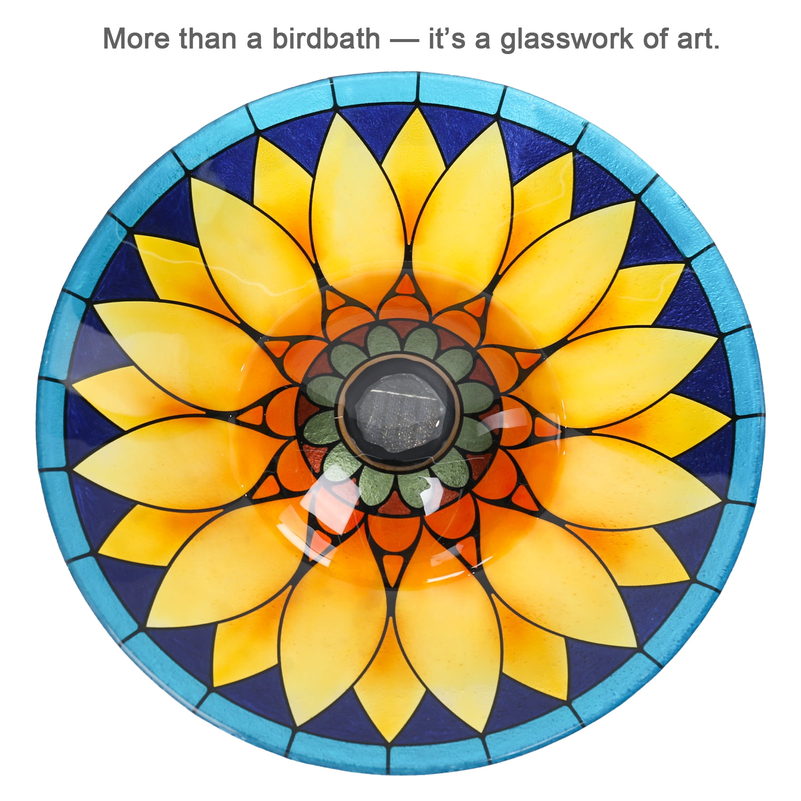 Outdoor Bird Bath, Large Glass Bird Baths Bowl with Metal Stand, Solar Sunflower Birdbaths for Outside Garden Lawn Yard Decor, 18”Dia 21.65”Height
