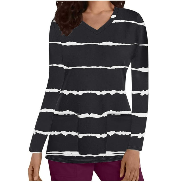 Cameland Hauts de Sarrau d'Infirmière pour Femmes à Rayures Uniforme de Travail Manches Longues Col en V Blouse T-shirt de Tenue de Travail avec Poches Sarraus pour Femmes