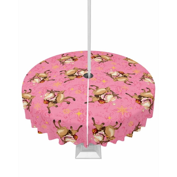 Fsddascl Pink Christmas Outdoor Tablecloth - 60 Inch Round Dining Table Cover, Vintage Elk Santa Xmas Snowflake Waterproof Outdoor Table Cloth with Umbrella Hole & Zipper for Picnic/Patio/Party