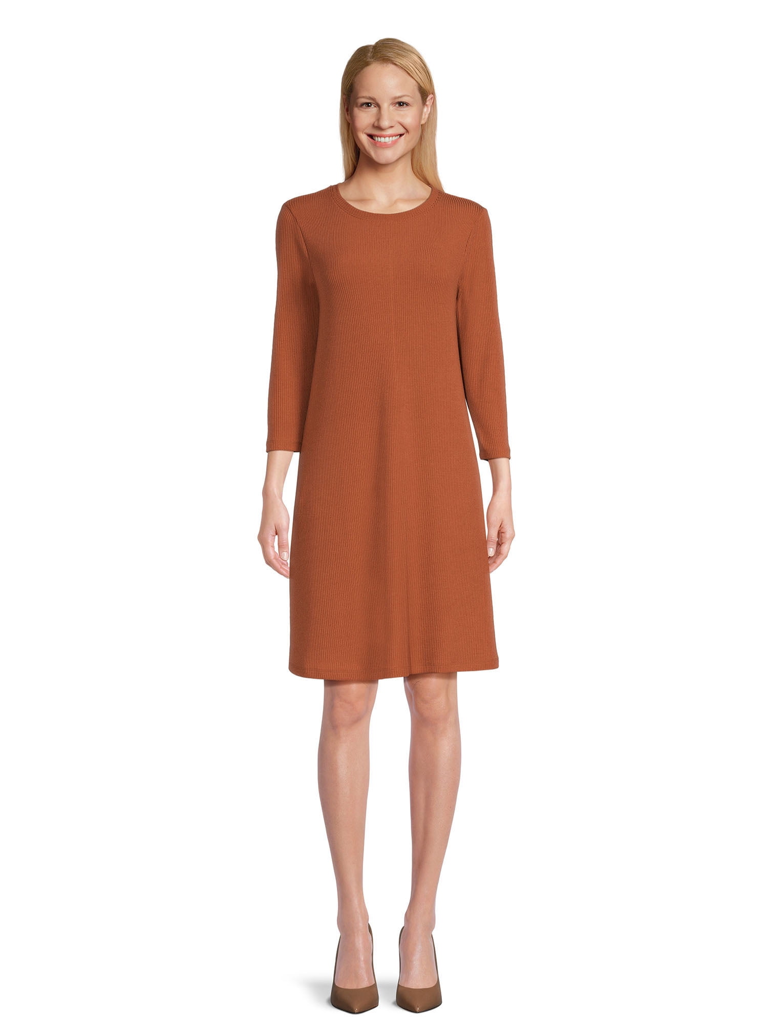 Time and Tru Women's Ribbed Knit Dress with Pockets, Sizes SXXXL