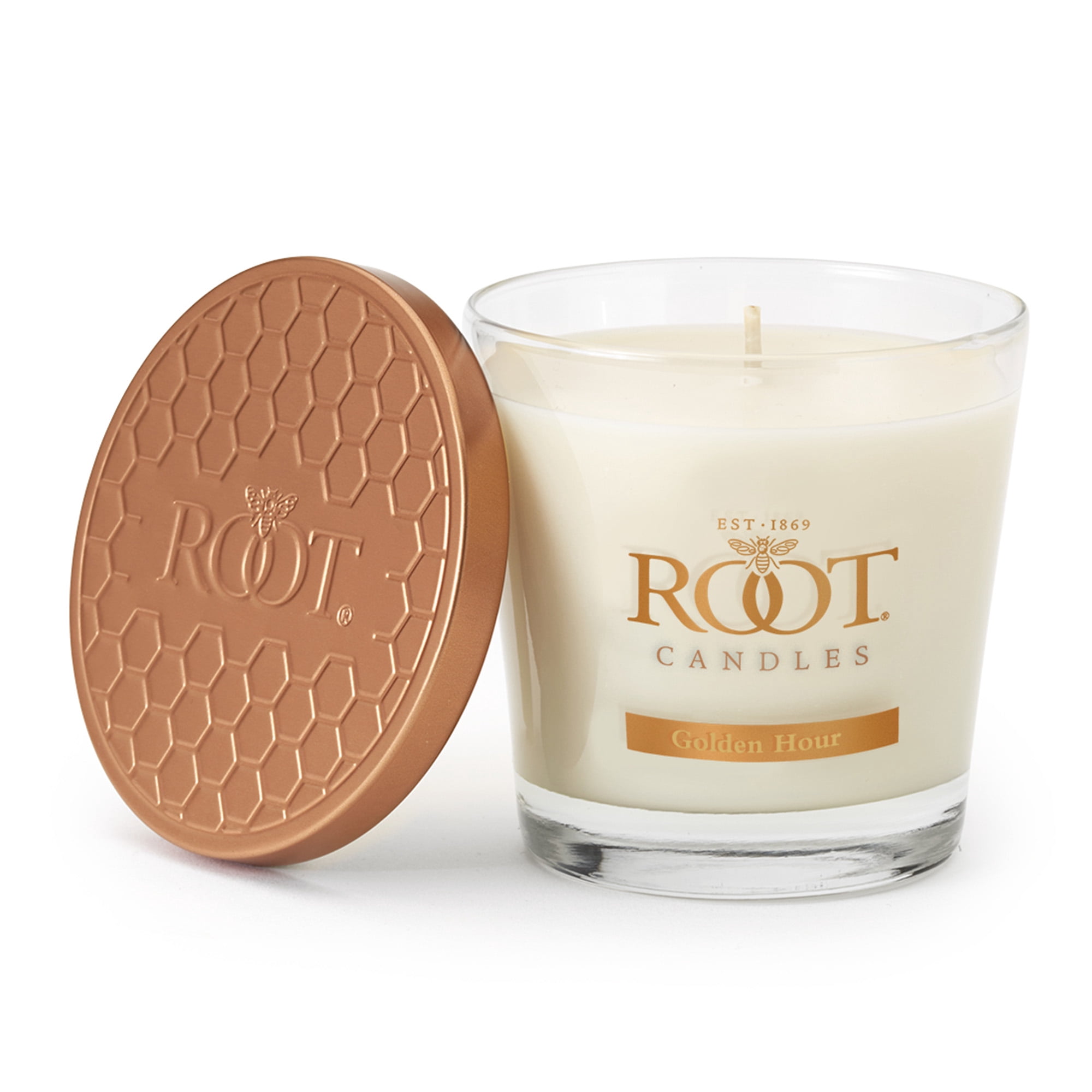 ROOT Candles Golden Hour Scented Candle, 10.5 oz Veriglass Jar – Warm Citrus & Amber Fragrance, Proprietary Beeswax Blend, Made in Medina, Ohio