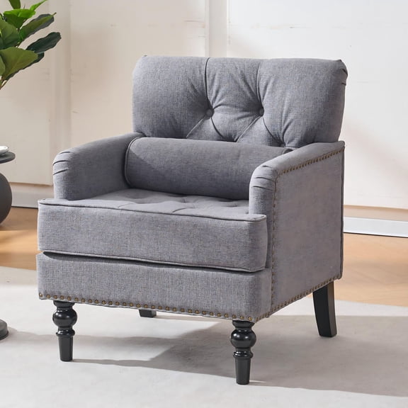 S-HOME Mid Century Modern Accent Chair With Studded Detailing Upholstered Foam Seat And Rubberwood Frame For Living Room Bedroom Furniture, Gray