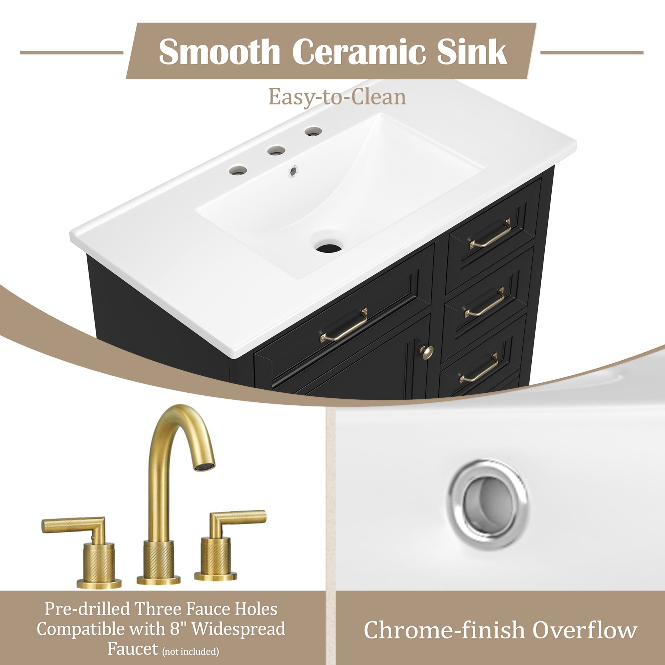 Christopher Knight Home 36" Bathroom Vanity with Sink, Tip-out Drawers, Soft-Close Doors, Black