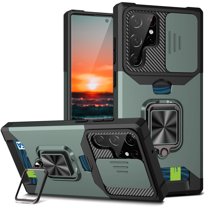 Kickstand Case for Samsung Galaxy S22 Ultra, Dteck Slide Cover Heavy Duty Armor with Rotate Ring Stand Card Holder Slot, Support Car Magnetic Mount, Shockproof Wallet Cover,Darkgreen