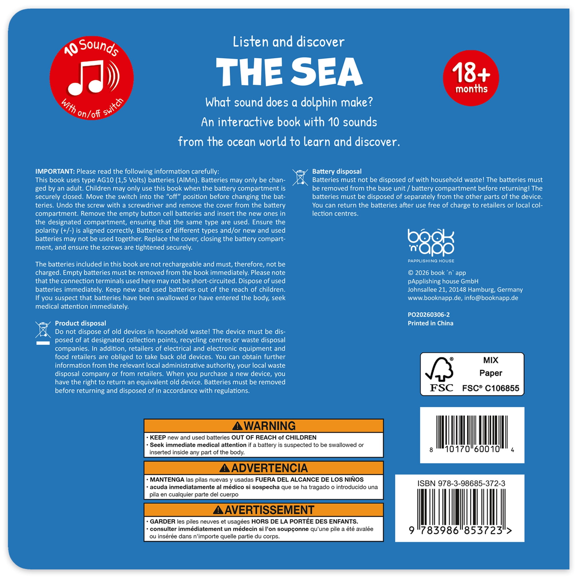 book 'n' app: Listen & Discover Book - The Sea - Soft Touch Press, 10 Ocean Animal Themed Sounds, Interactive Play-Read-Learn Story, Kid-Toddler 18Mo+