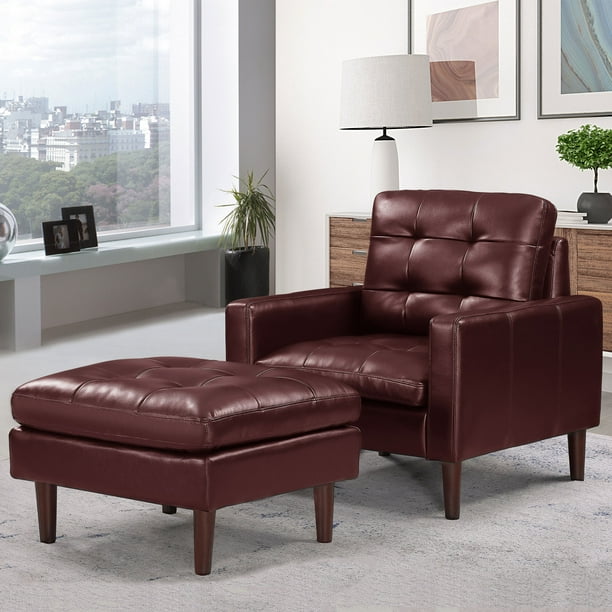 Accent Sofa Chair With Ottoman Modern Pvc Leather Couch Wood Legs And High Back Upholstered Side Tufted Single Padded Club Armchair Lounge For Living Room Hotel Bedroom Red Ottoman Modern Pvc Leather Couch, Large Leather Chair With Ottoman