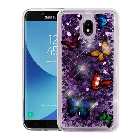 Samsung Galaxy J7 (2018), J737, J7 V 2nd Gen, J7 Refine - Phone Case BLING Hybrid Liquid Glitter Quicksand Rubber Silicone Gel TPU Protector Hard Cover - Butterflies (Best 2nd Phone Number App)