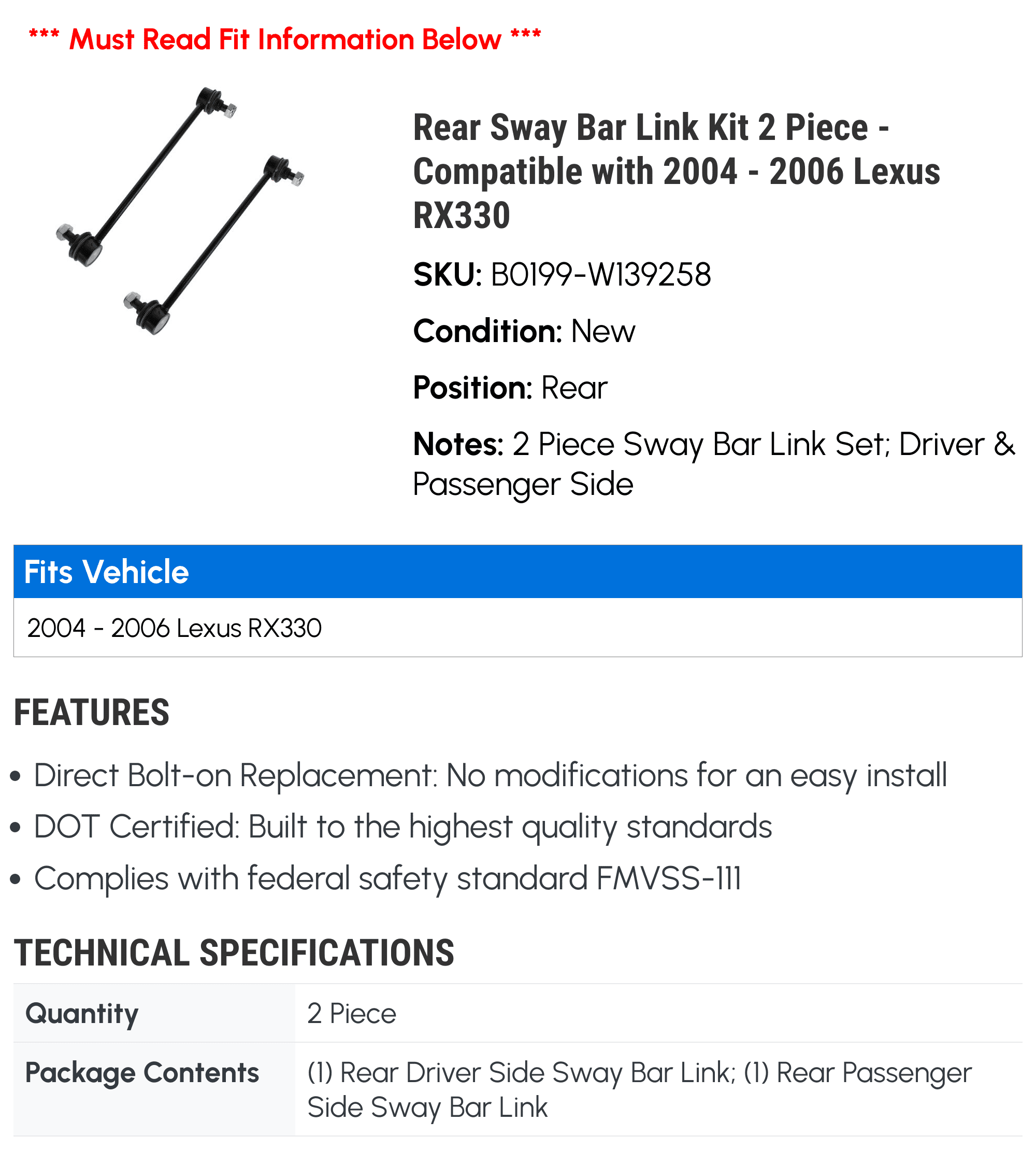 Rear Sway Bar Link Kit 2 Piece - Compatible with 2004 - 2006 RX330 2005