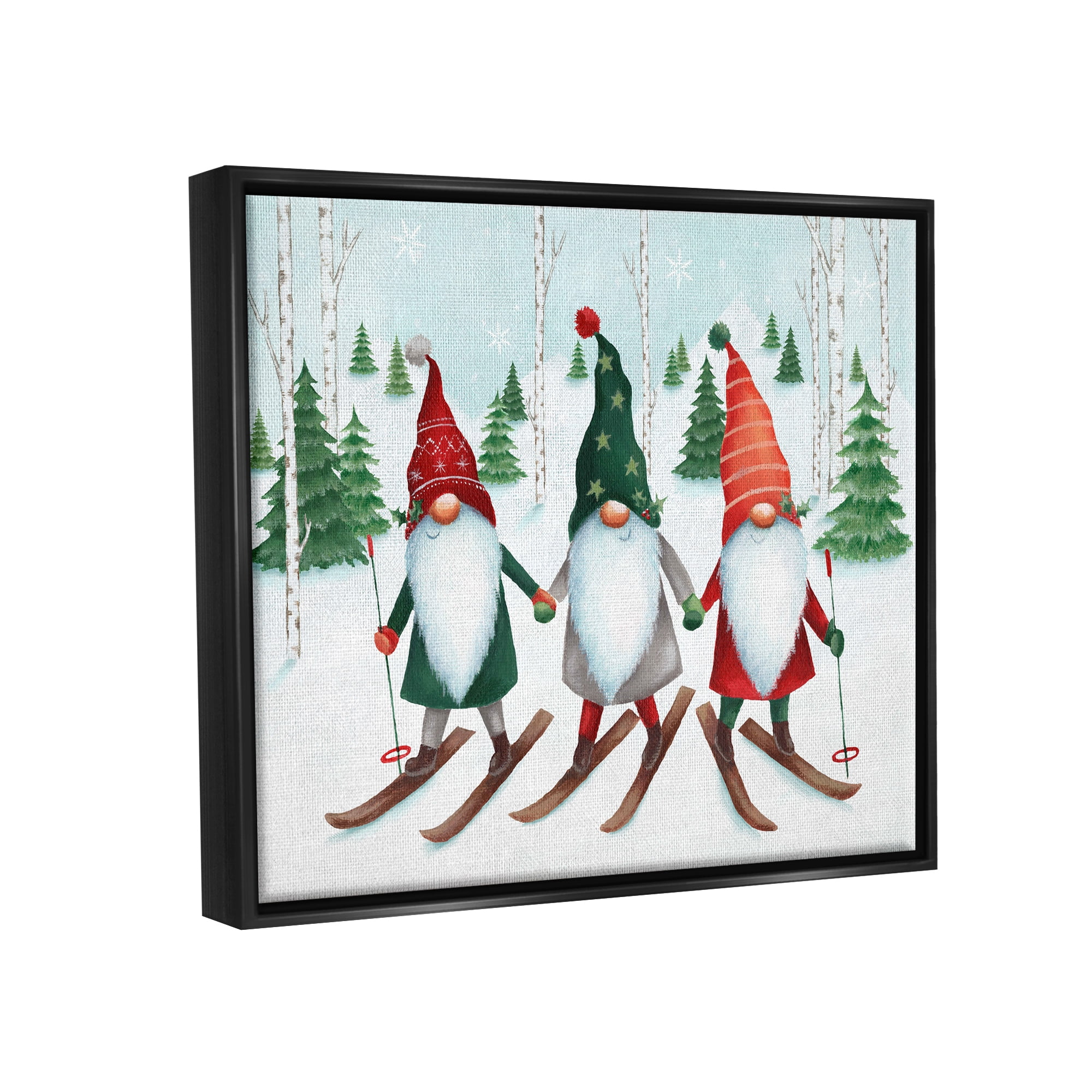 Stupell Industries Gnome Trio Skiing Holiday Painting Black Floater Framed Canvas Art Print Wall Art, 21 x 17