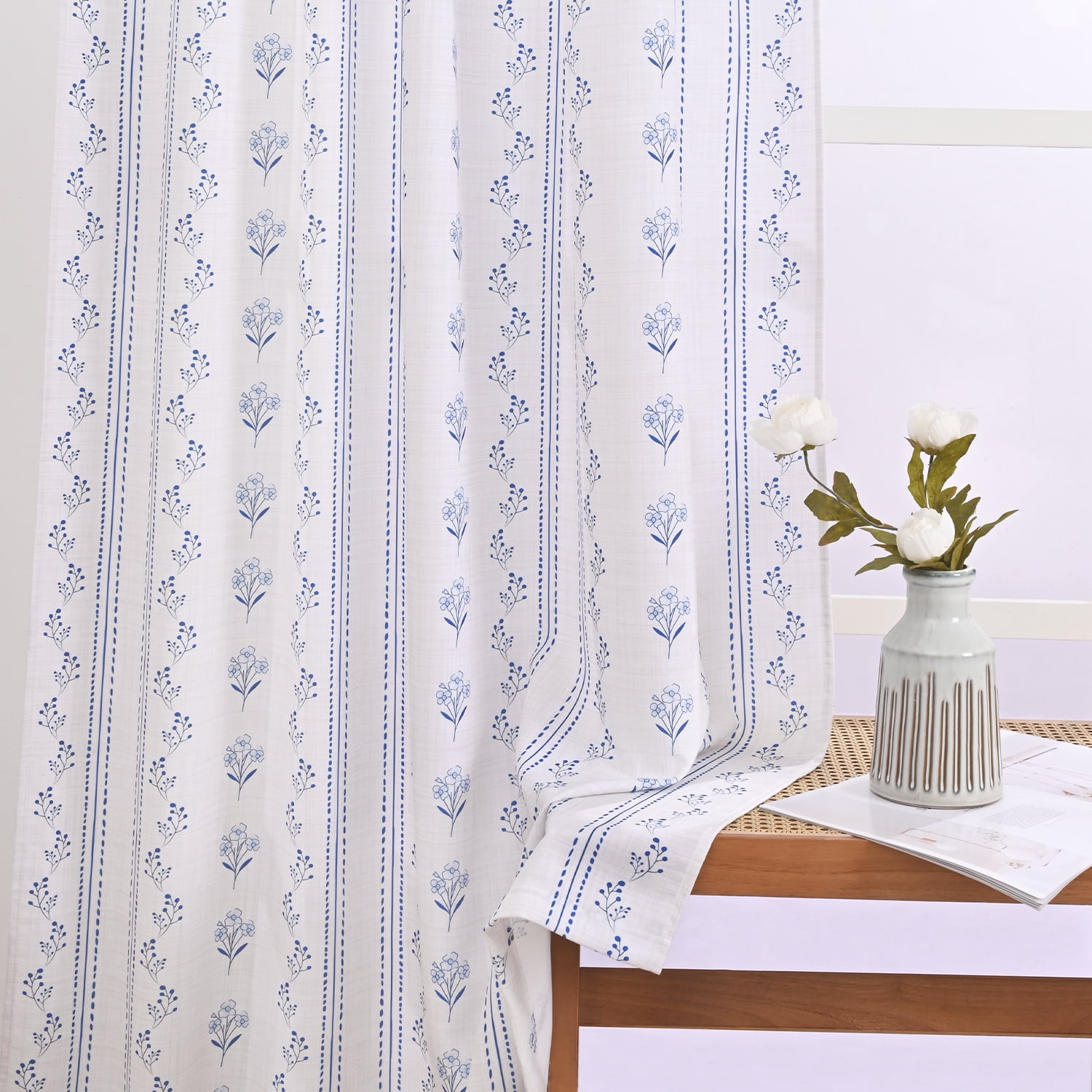 Invoibler Floral Print Curtain Panels, Light Filtering Window Drapes for Bedroom and Living Room, Blue, 52" W x 63" L, Set of 2