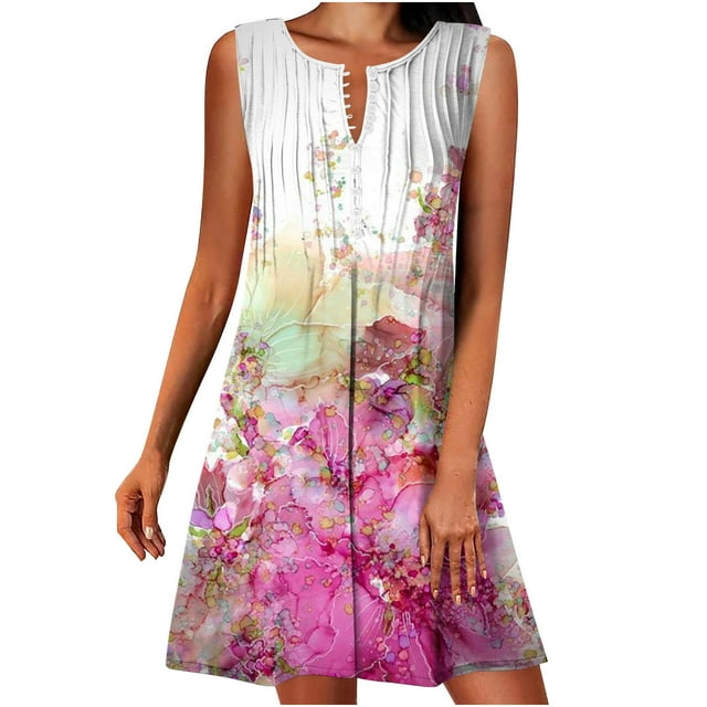 Short Summer Dresses for Women Womens Summer Dresses Print Sleeveless Round Neck Button Dress Dresses Short Dresses for Women Summer Sleeveless Summer Dresses for Women