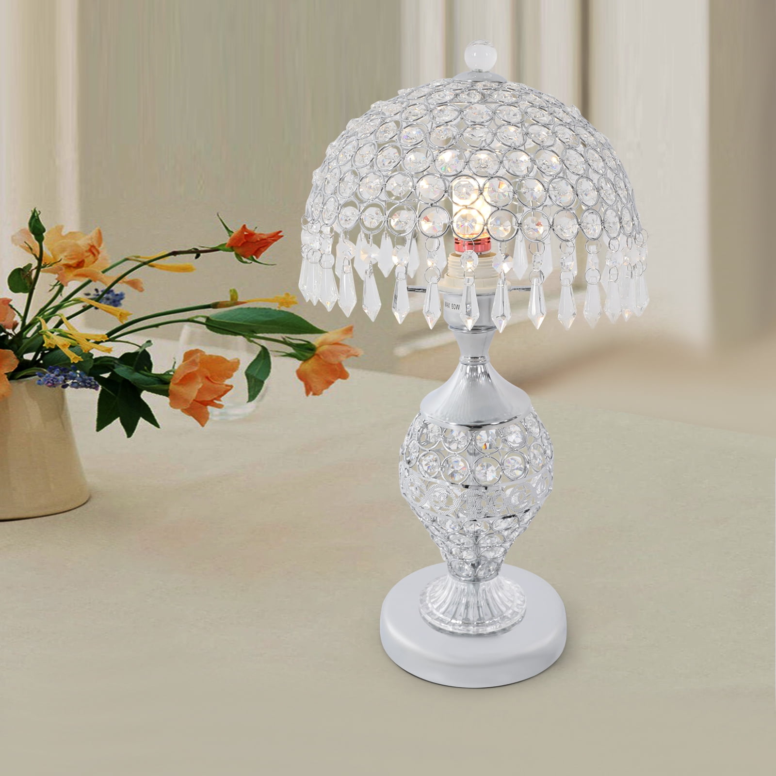Wildnix Elegant Table Lamp with Crystal Lampshade, Silver Iron Body, E26 Lamp Holder, Anti-Rust Design for Cozy Lighting in Bedroom, Living Room, and Home Decor