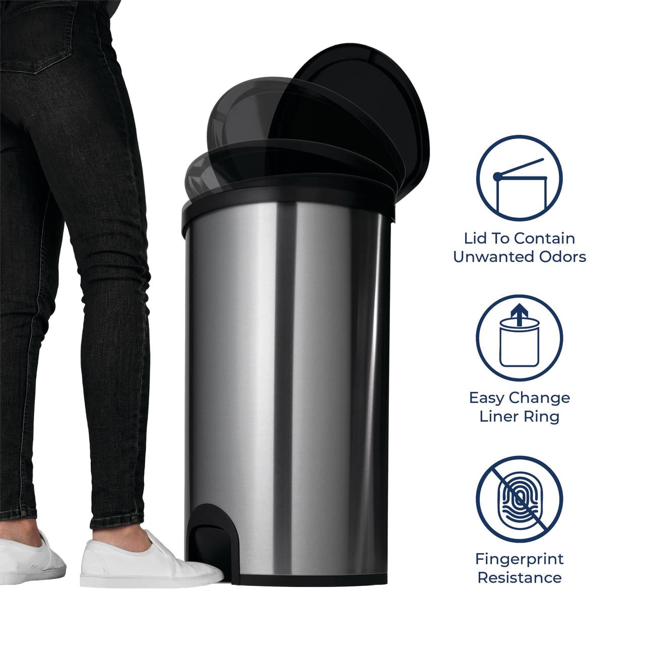 Nine Stars Toe Touch Automatic Trash Can, 13 Gallon Stainless Steel, Foot Sensor Hands-Free Soft-Close Lid Garbage Bin, Silver